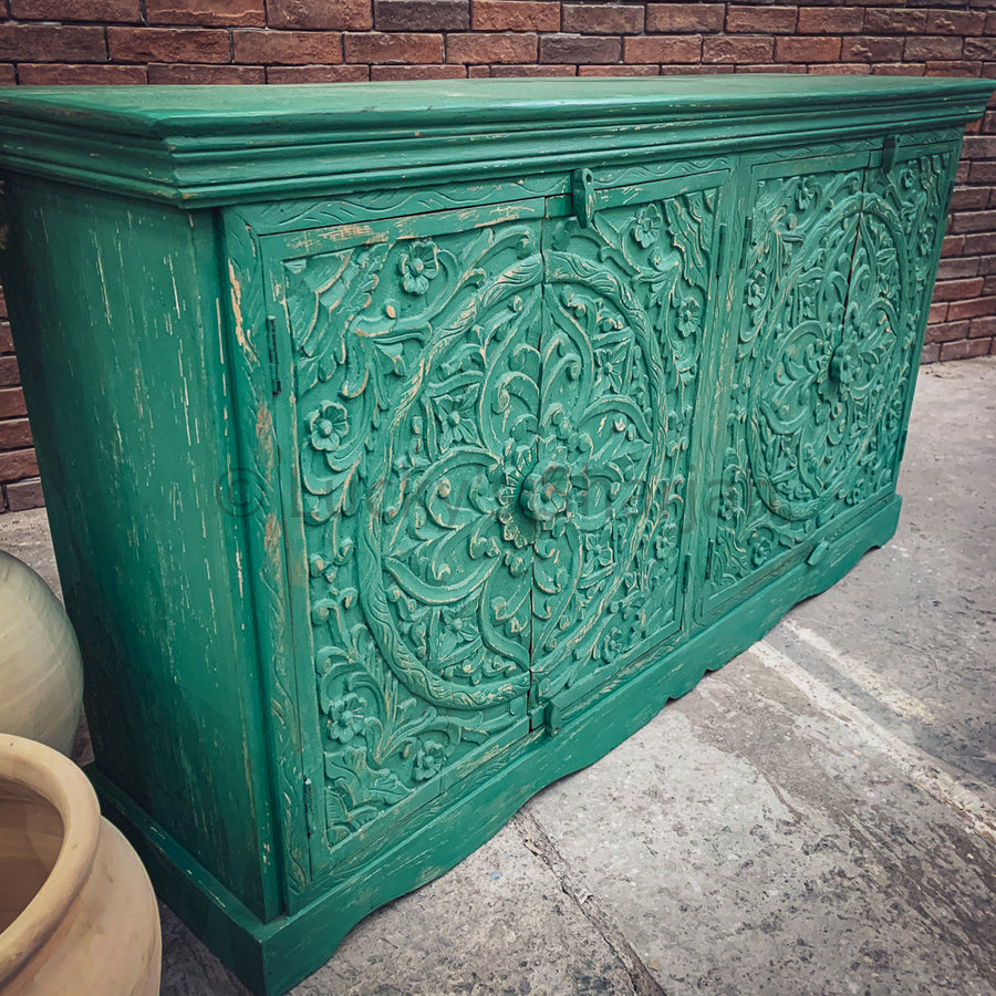 Carved vintage royal green sideboard | Lucky Furniture & Handicrafts.
