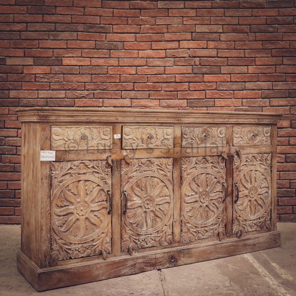 Carved 4 draw sideboard Sandblast Burnt Grey Wash | Lucky Furniture & Handicrafts.