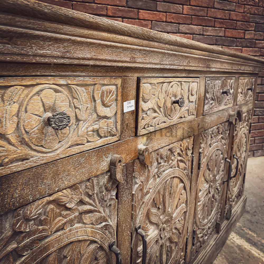 Carved 4 draw sideboard Sandblast Burnt Grey Wash | Lucky Furniture & Handicrafts.