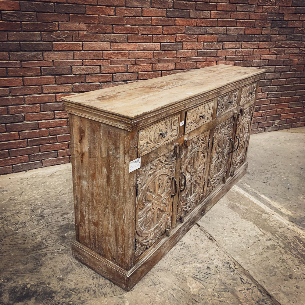 Carved 4 draw sideboard Sandblast Burnt Grey Wash | Lucky Furniture & Handicrafts.