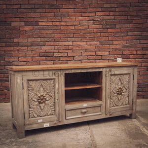 Grey Carved Tv Stand with brass inlay 2 door 1 draw+ | Lucky Furniture & Handicrafts.