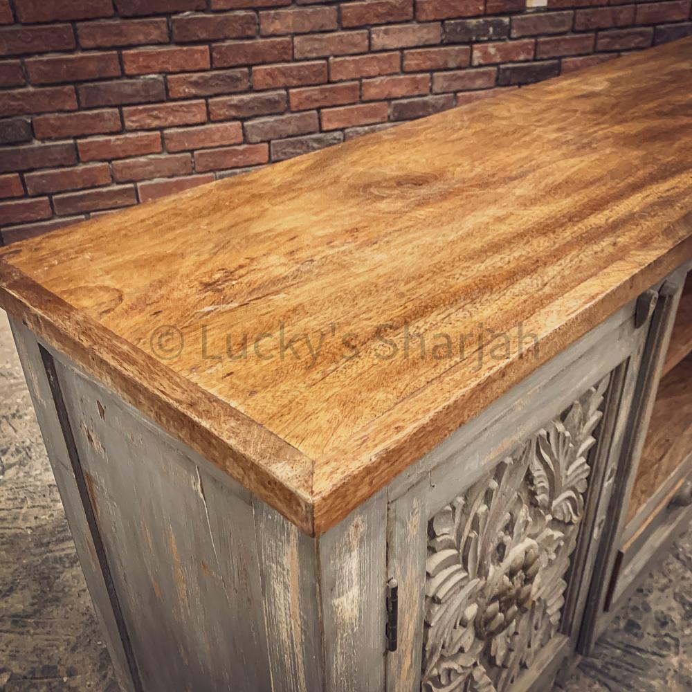 Grey Carved Tv Stand with brass inlay 2 door 1 draw+ | Lucky Furniture & Handicrafts.