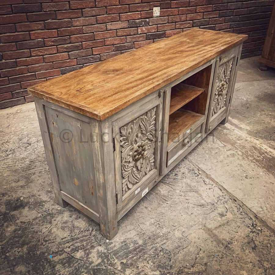 Grey Carved Tv Stand with brass inlay 2 door 1 draw+ | Lucky Furniture & Handicrafts.