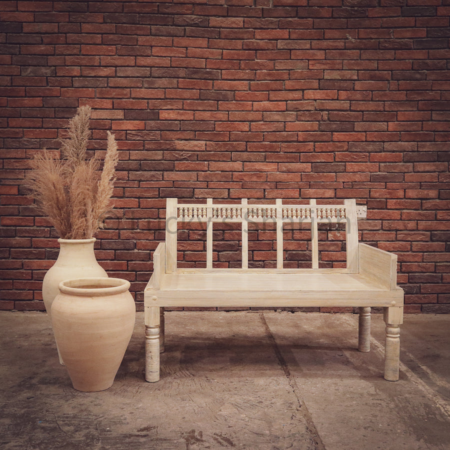 Motif whitewash carved bench | Lucky Furniture & Handicrafts.