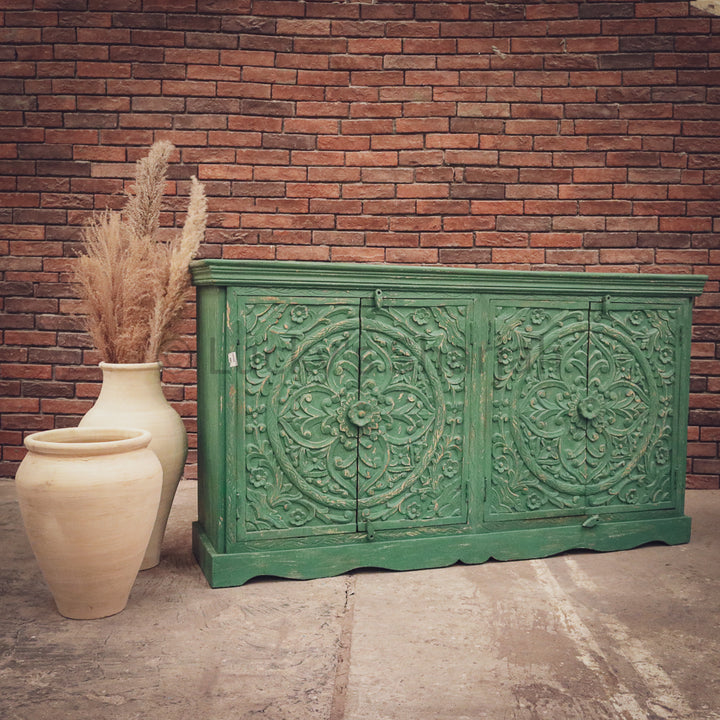 Carved vintage royal green sideboard | Lucky Furniture & Handicrafts.